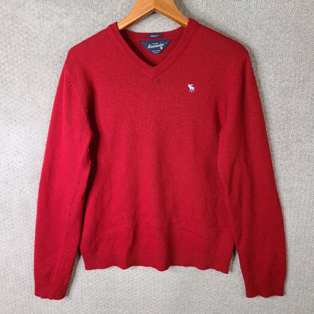 Vintage Abercrombie Sweater Mens Large Red Muscle V Neck Wool Blend Long Sleeve‎